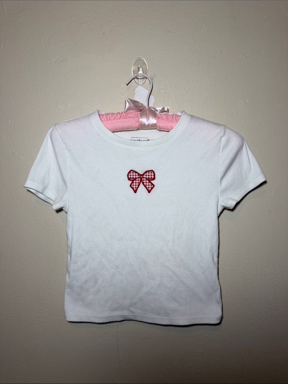 Aeropostale White Tee with Red Gingham Bow